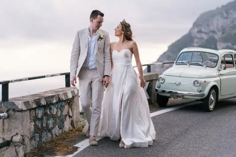 Vintage car photoshoot for destination wedding in Sorrento and Positano