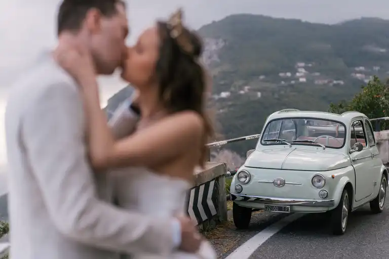 Vintage car photoshoot for destination wedding in Sorrento and Positano