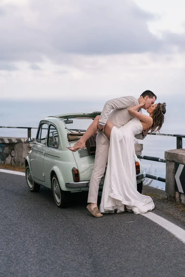 Vintage car photoshoot for destination wedding in Sorrento and Positano