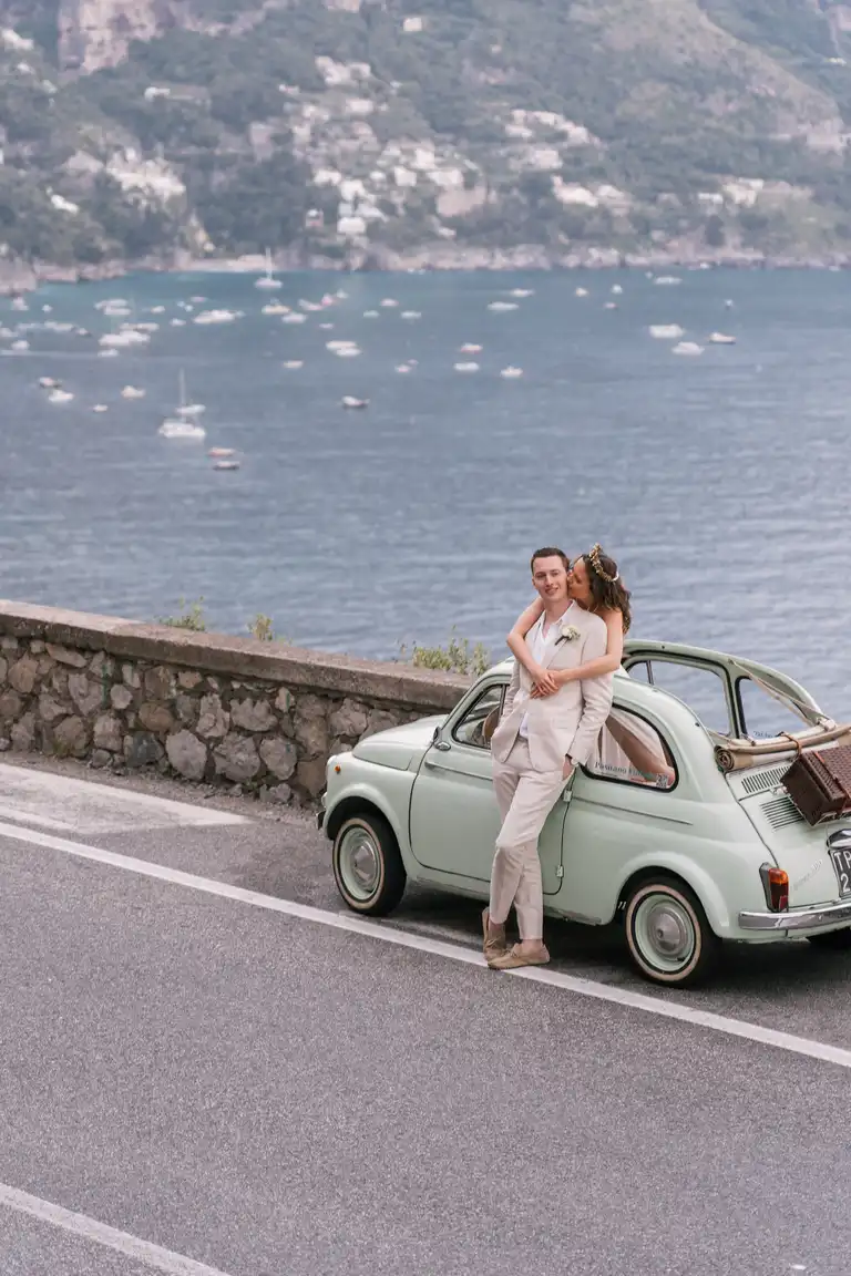 Vintage car photoshoot for destination wedding in Sorrento and Positano