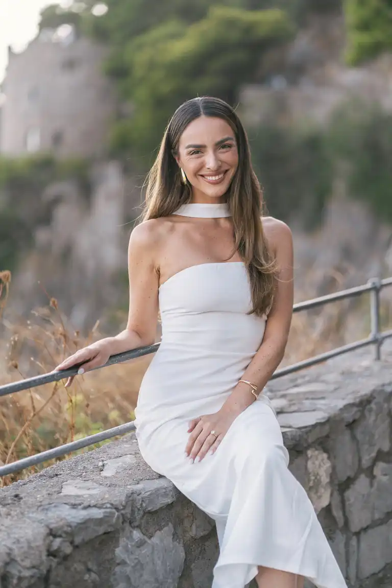 Woman wearing a beatiful, elegant white dress sitting in Fornillo beach Positano