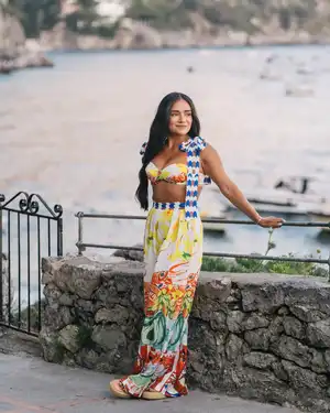 Woman wearing a colorful dress in Positano