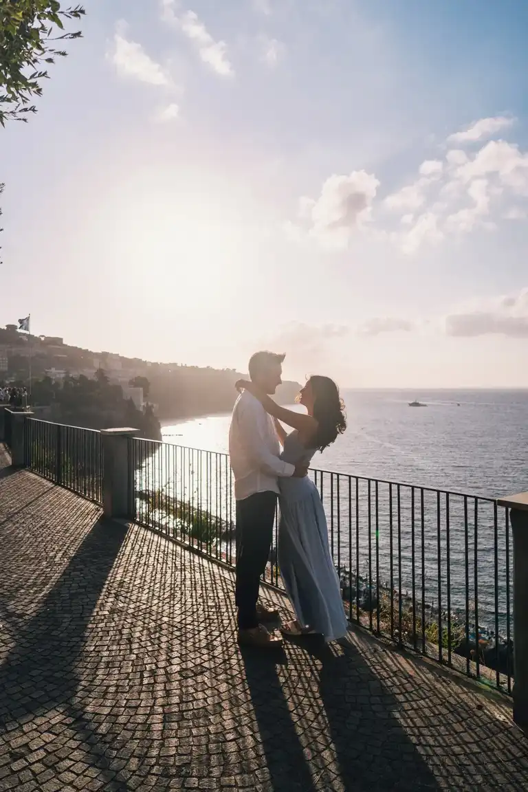Couple hugging in front of each other after wedding proposal in Sorrento on top of terrace