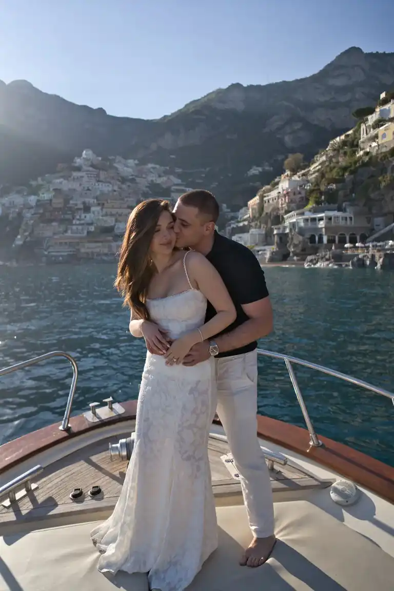 Couple photoshoot on boat as they display love and affection for each other with Positano in the background